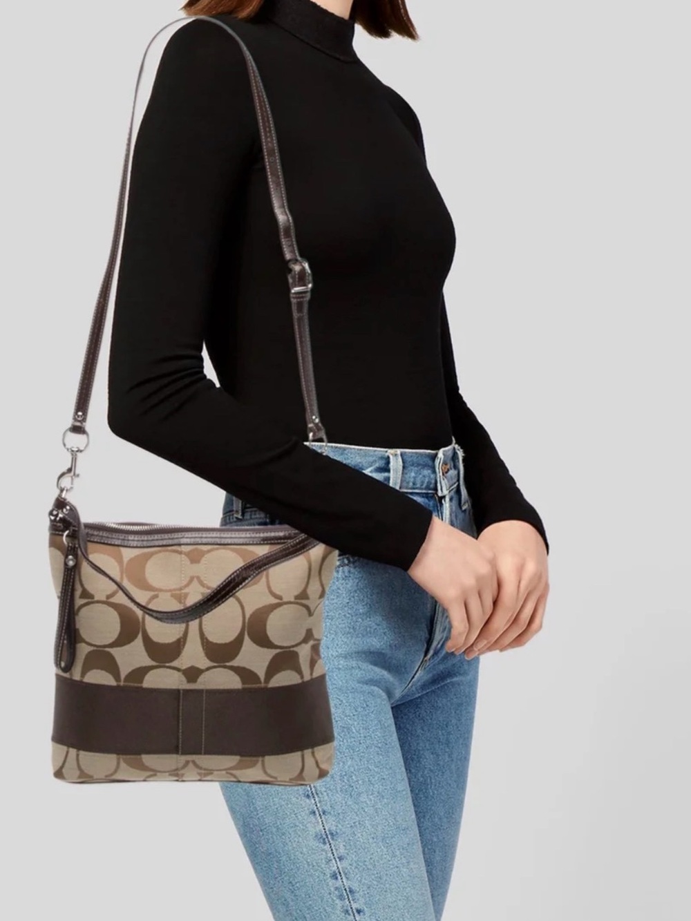 COACH Vtg Y2K Brown Canvas, Brown Leather "big C‎ Logo" Shoulder Bag